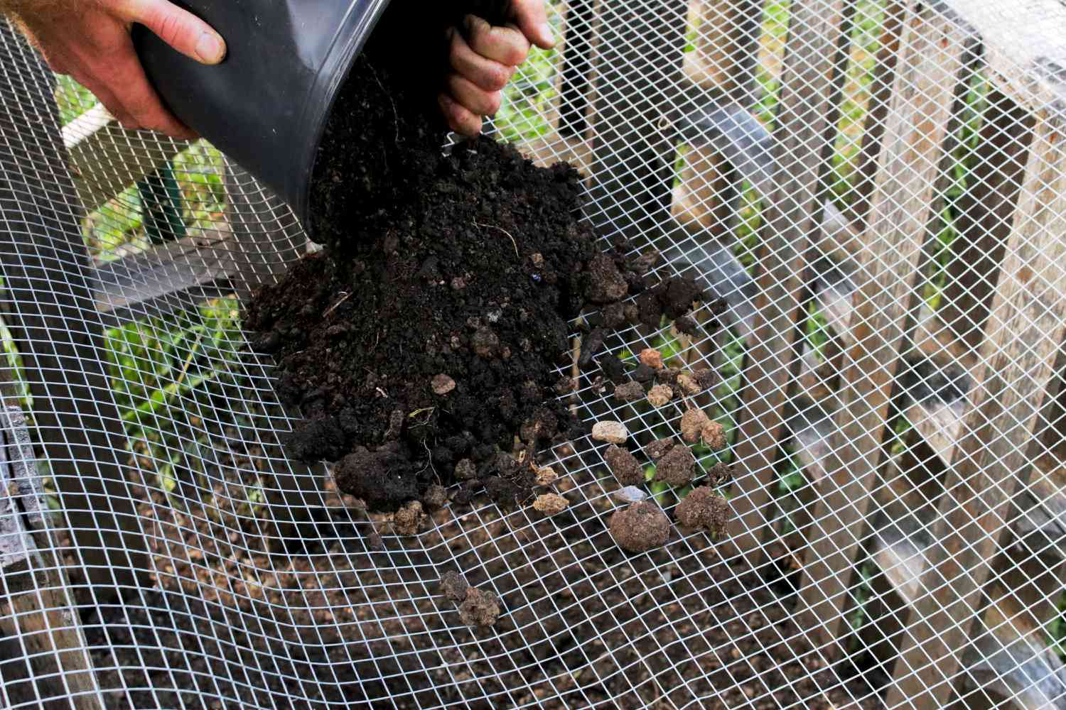 Compost versé sur un tamis métallique pour tamiser et récolter le compost prêt à l'emploi. 