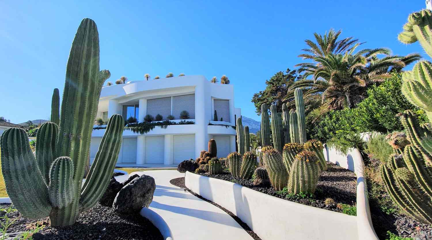 Paysage xéropaysager avec des cactus devant une maison méditerranéenne moderne blanche