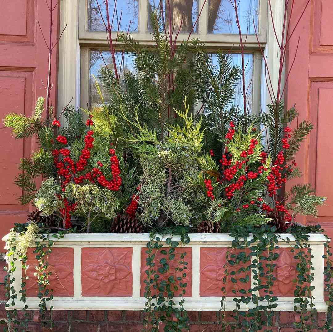 jardinière décorative peinte en crème et terre cuite, avec de la verdure d'hiver, des baies rouges et des brindilles rouges