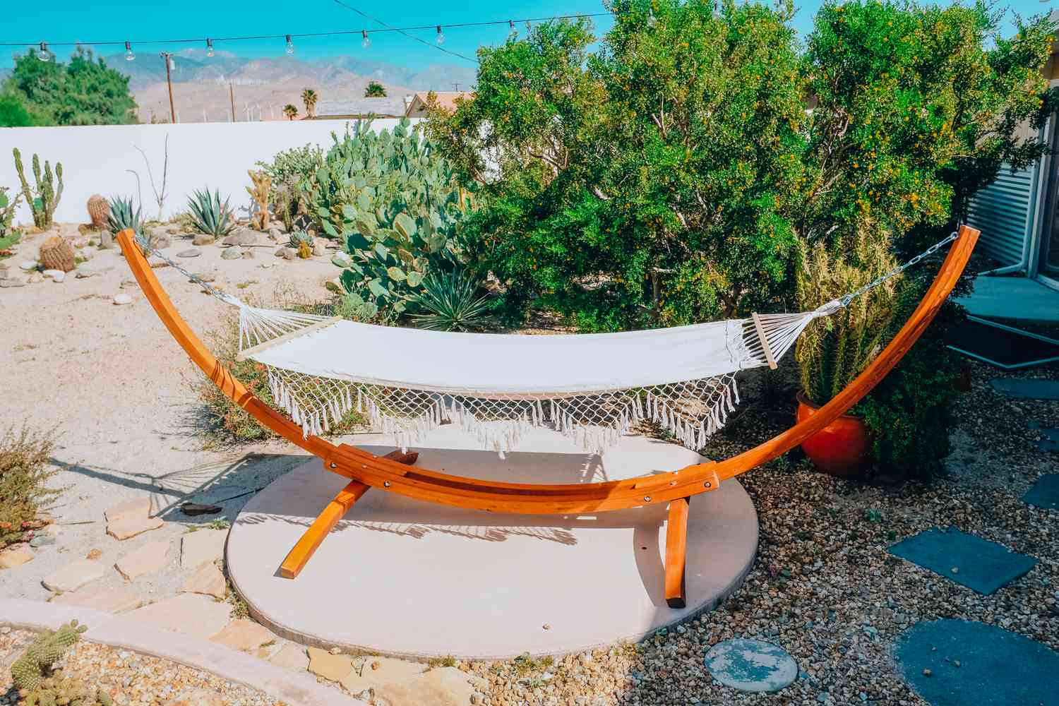 Un hamac dans un jardin désertique